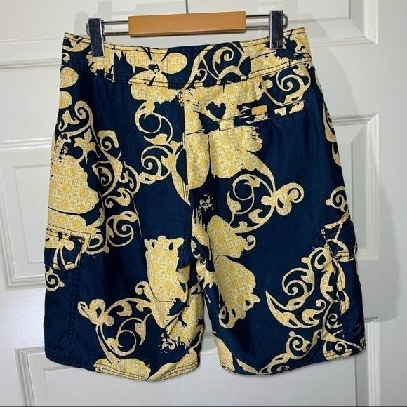 old Navy Swim Surf Board Cargo Style Shorts Hawaiian Vibes Navy Blue Yellow - Picture 6 of 10